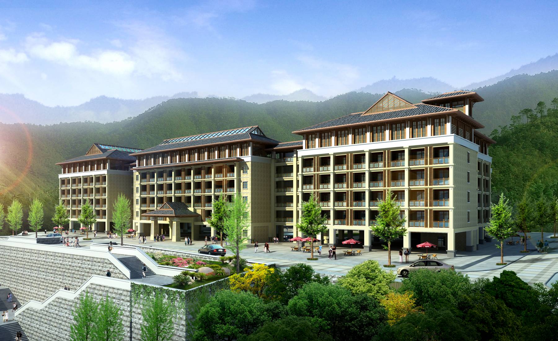 中式酒店外观鸟瞰夜景3d模型下载_ID10144691_3dmax免费模型-欧模网