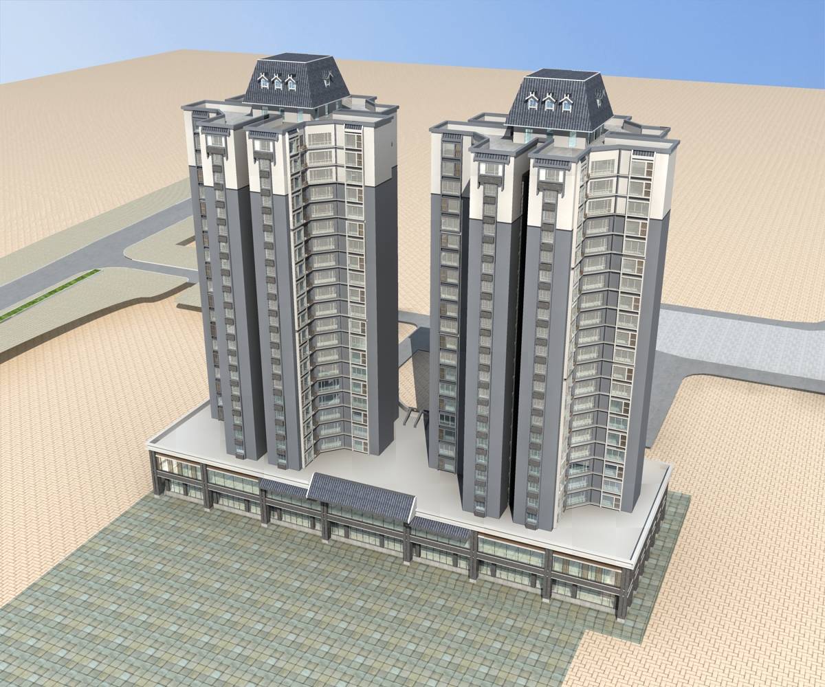 现代中式高层双塔商业住宅楼