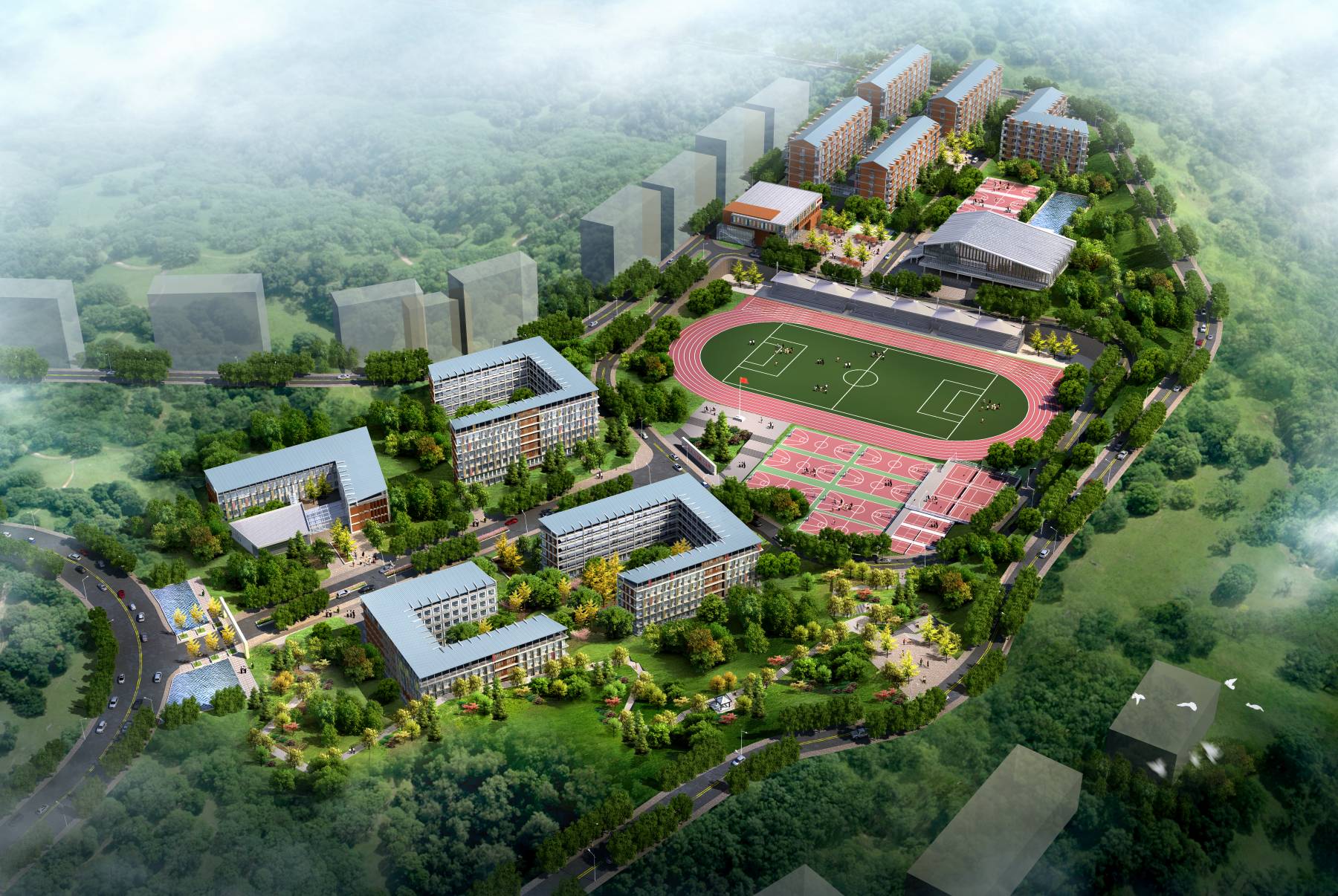新中式学校效果图下载-光辉城市