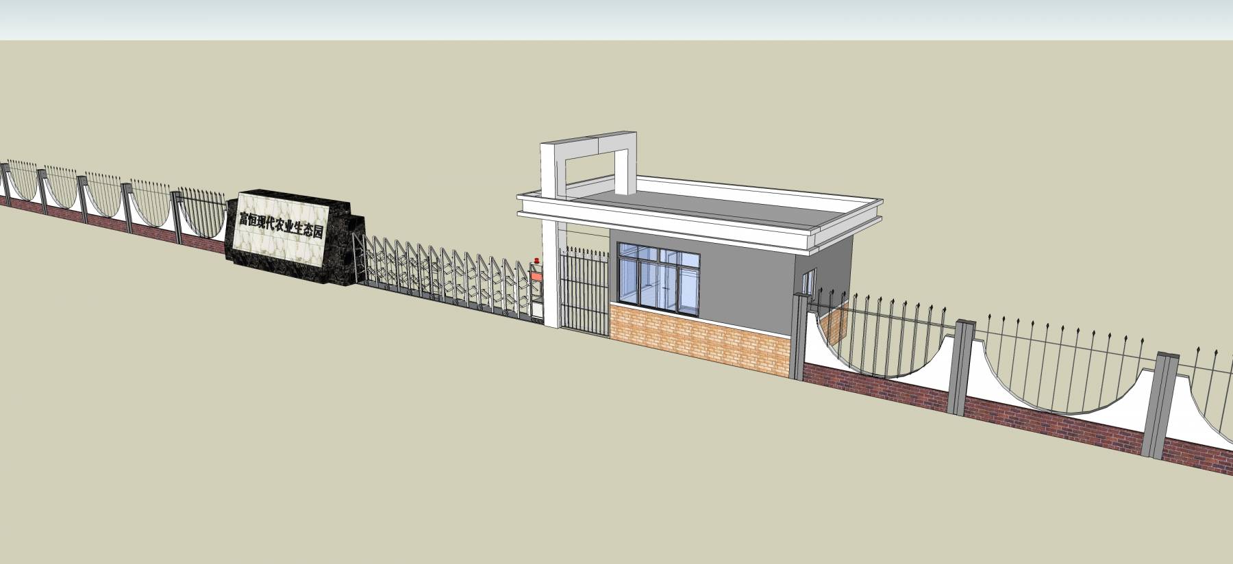 大门带围墙su模型下载
