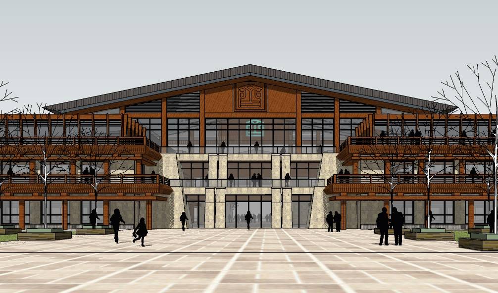 中式坡屋顶多层酒店建筑模型