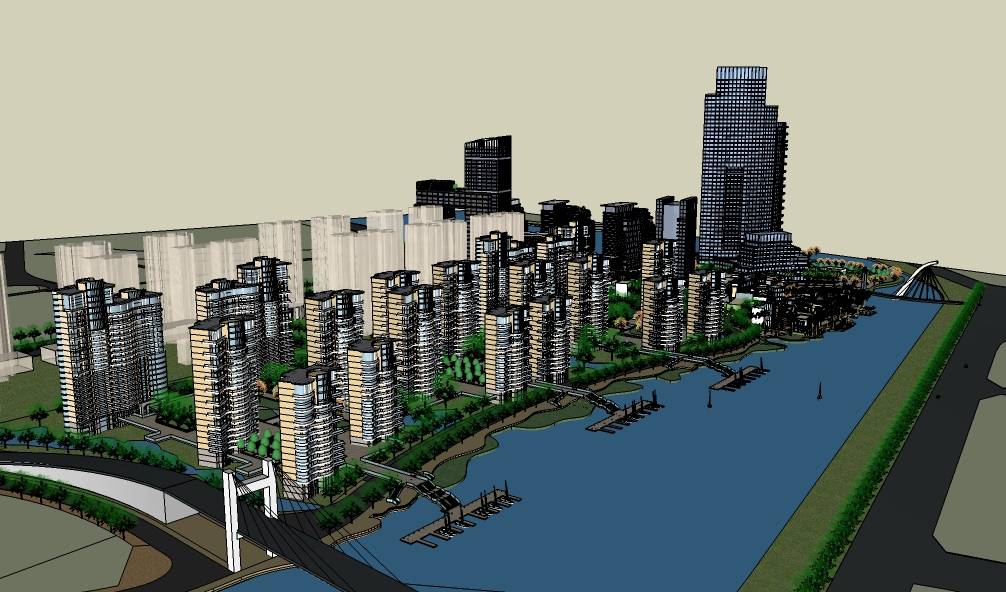 滨水现代风格高层住宅小区办公楼及综合商业娱乐街建筑模型