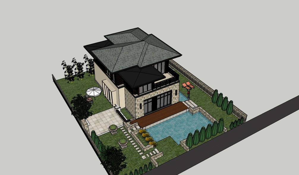 现代坡屋顶别墅设计建筑模型