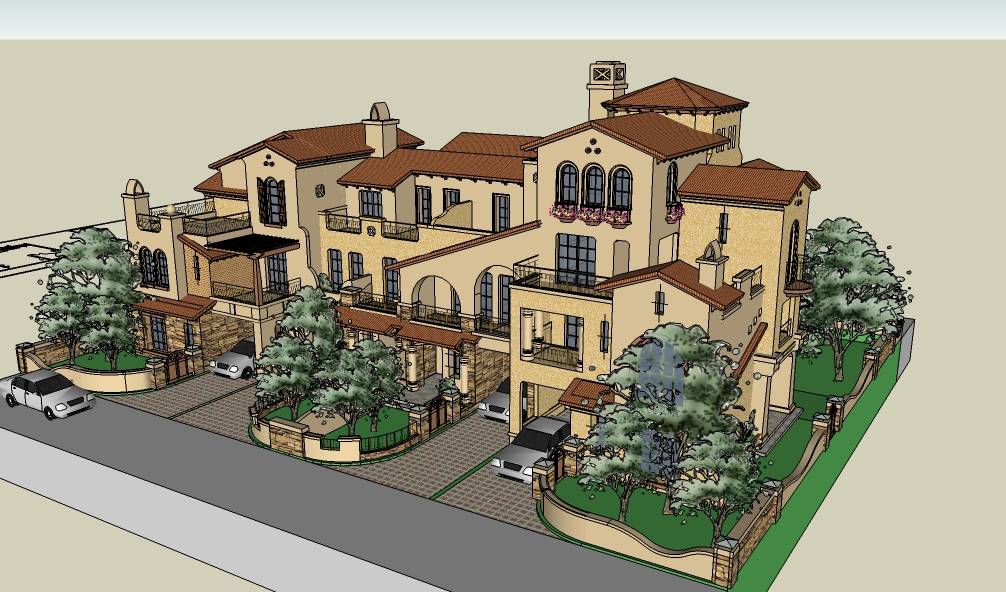 连排户型别墅西班牙风格建筑模型