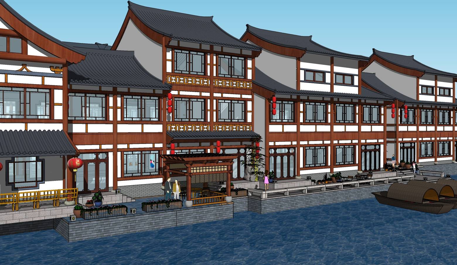 特色中式风格滨水步行街建筑sketchup模型