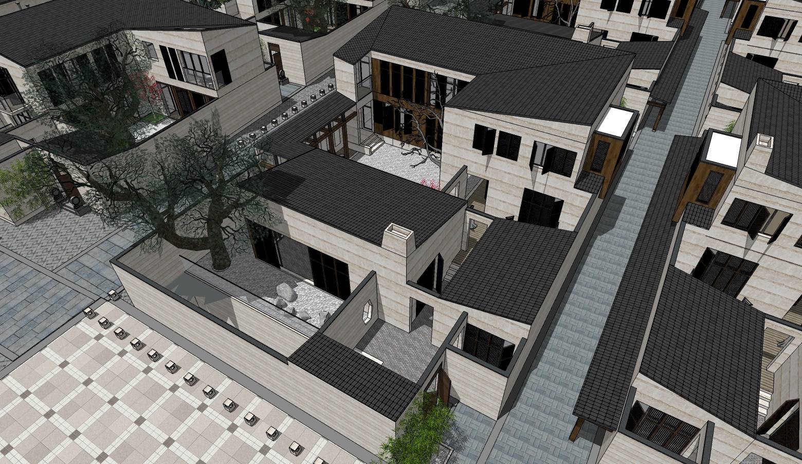 现代中式高档别墅小区sketchup建筑模型