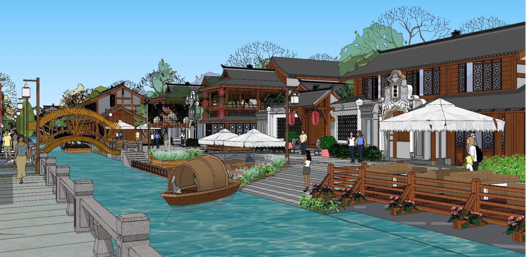 高端多层滨河商业街建筑sketchup模型su模型下载-光辉城市