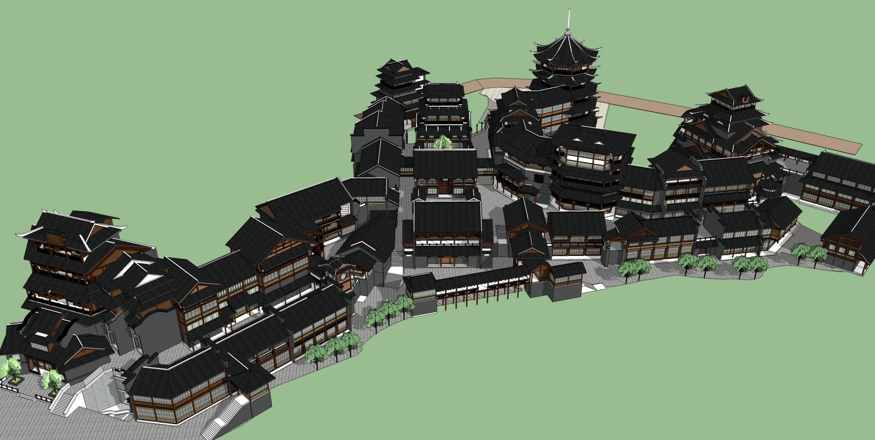中式古城区古建筑古镇模型塔楼suu