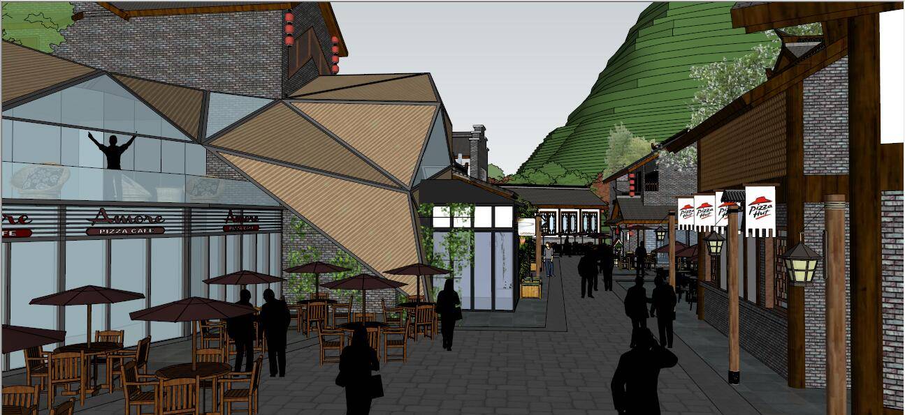 山地中式酒吧街+商业中标方案大场景精细模型