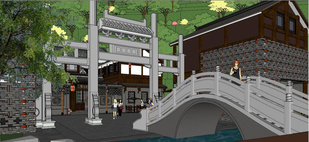 山地中式酒吧街+商业中标方案大场景精细模型