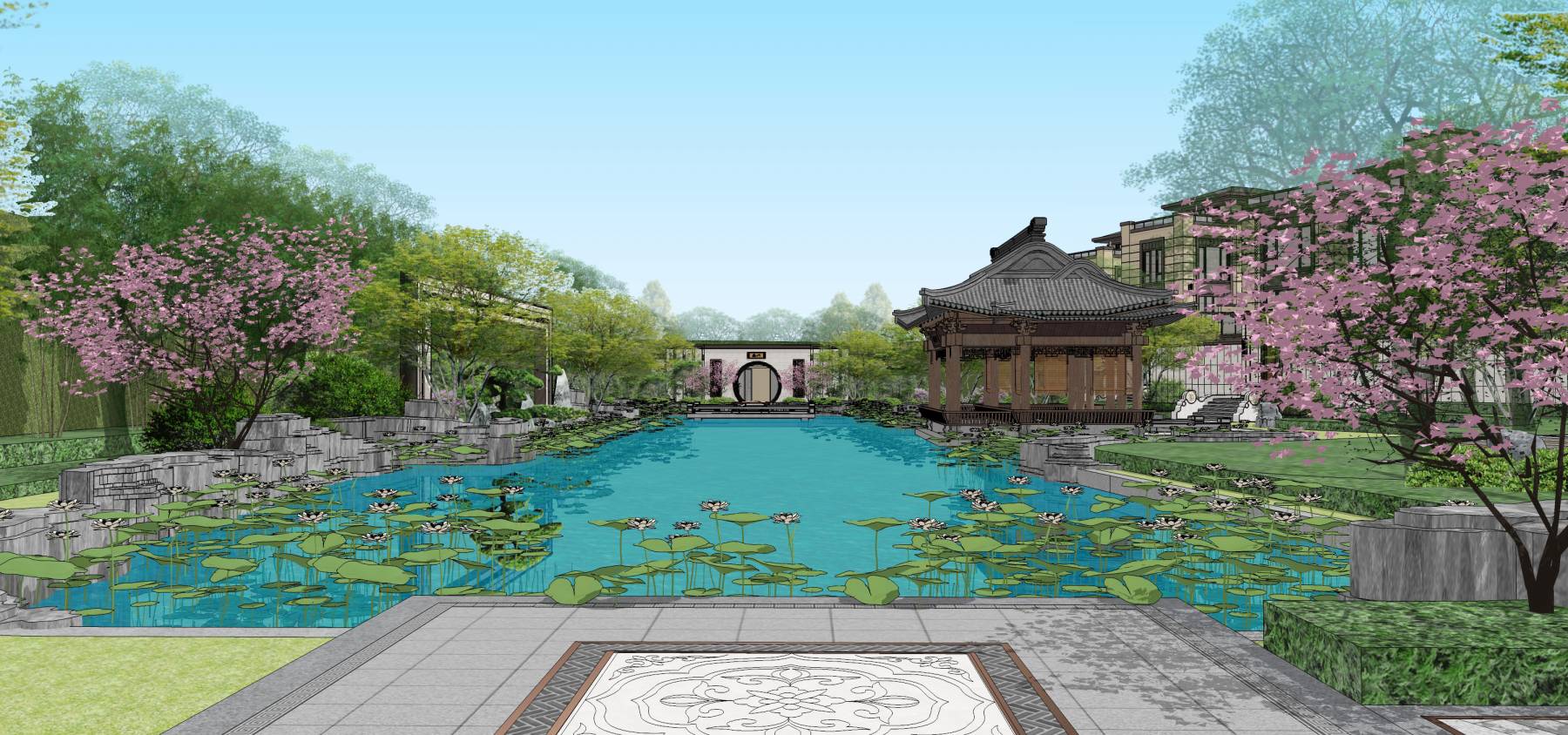 中式园林景观中式古建会所水景湖泊